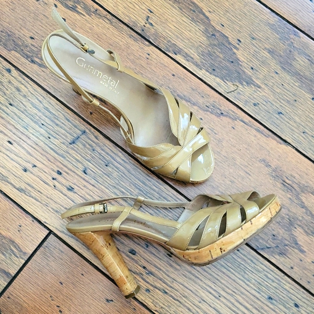 Khaki Patent Leather Bamboo Platform Heels by Gunmetal Spring Ready! Italy  7.5
